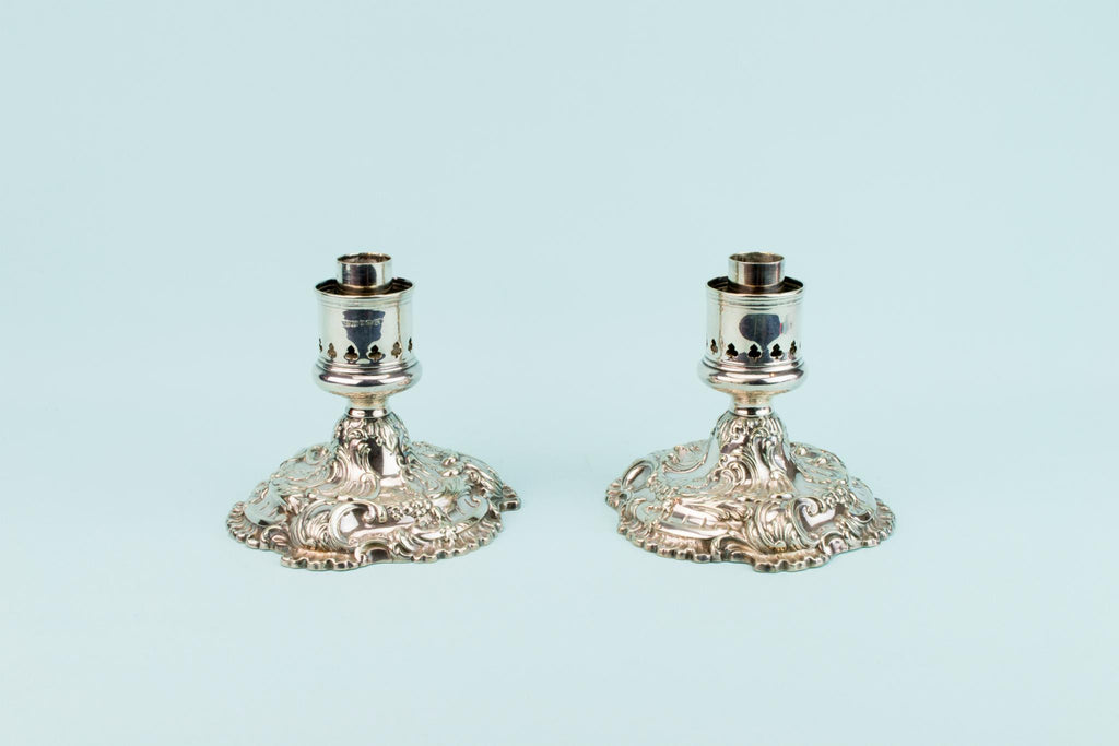 2 Silver Plated Medium Candlesticks, English 19th Century