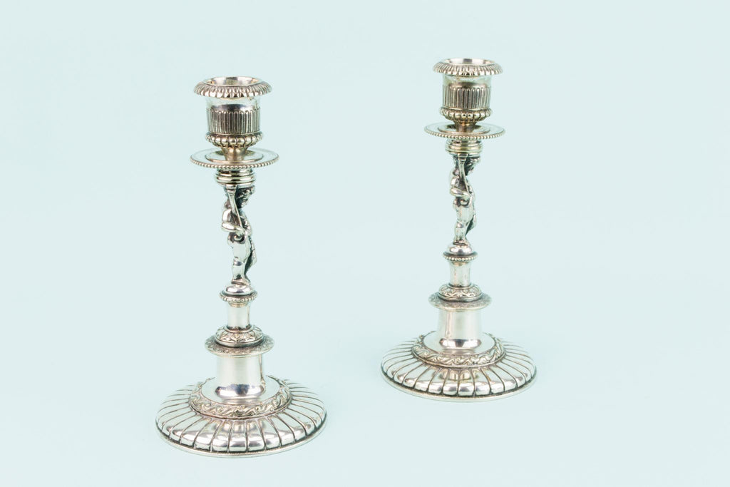 2 Silver Plated Elkington Putti Candlesticks, English Circa 1850