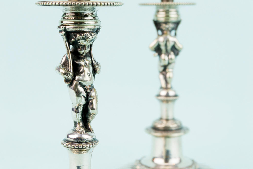 2 Silver Plated Elkington Putti Candlesticks, English Circa 1850
