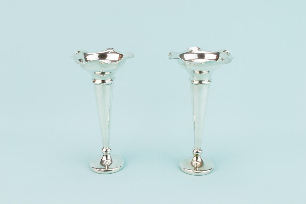 2 Edwardian Silver Plated Flute Vases, English Early 1900s