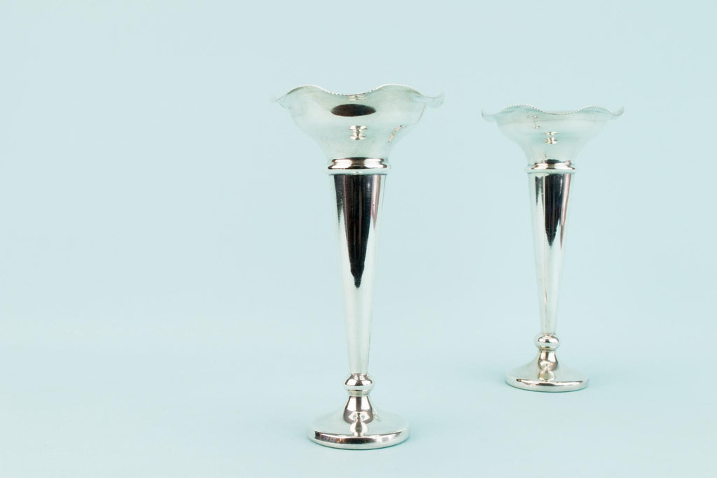 2 Edwardian Silver Plated Flute Vases, English Early 1900s
