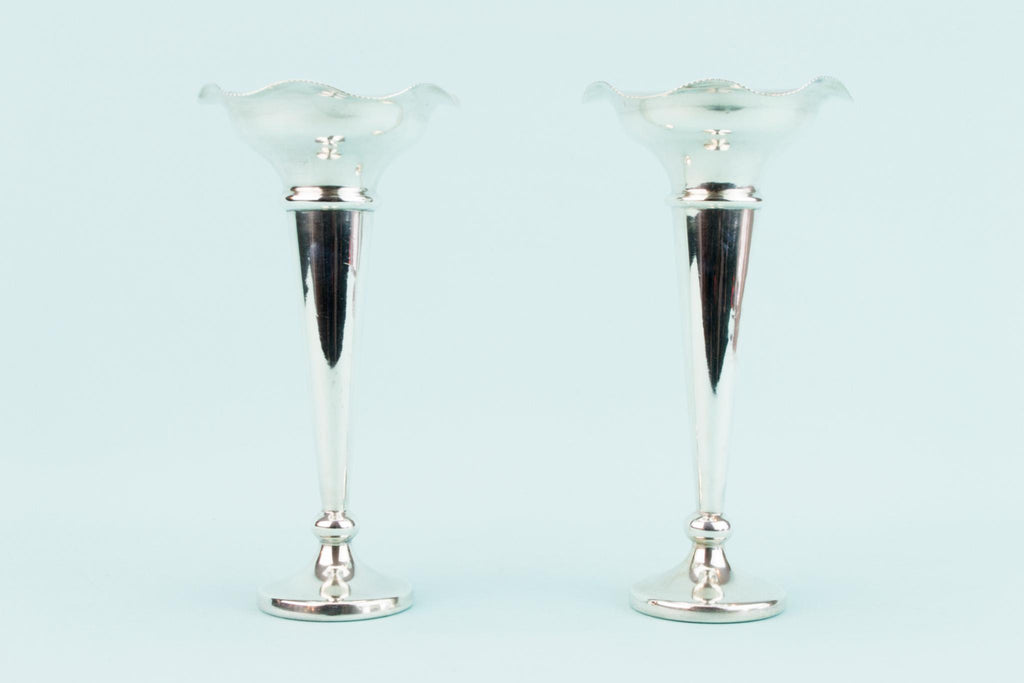 2 Edwardian Silver Plated Flute Vases, English Early 1900s