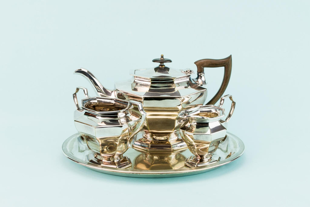 Art Deco Silver Plated Tea Set on Tray, English 1920s