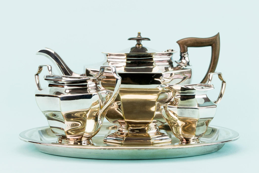 Art Deco Silver Plated Tea Set on Tray, English 1920s