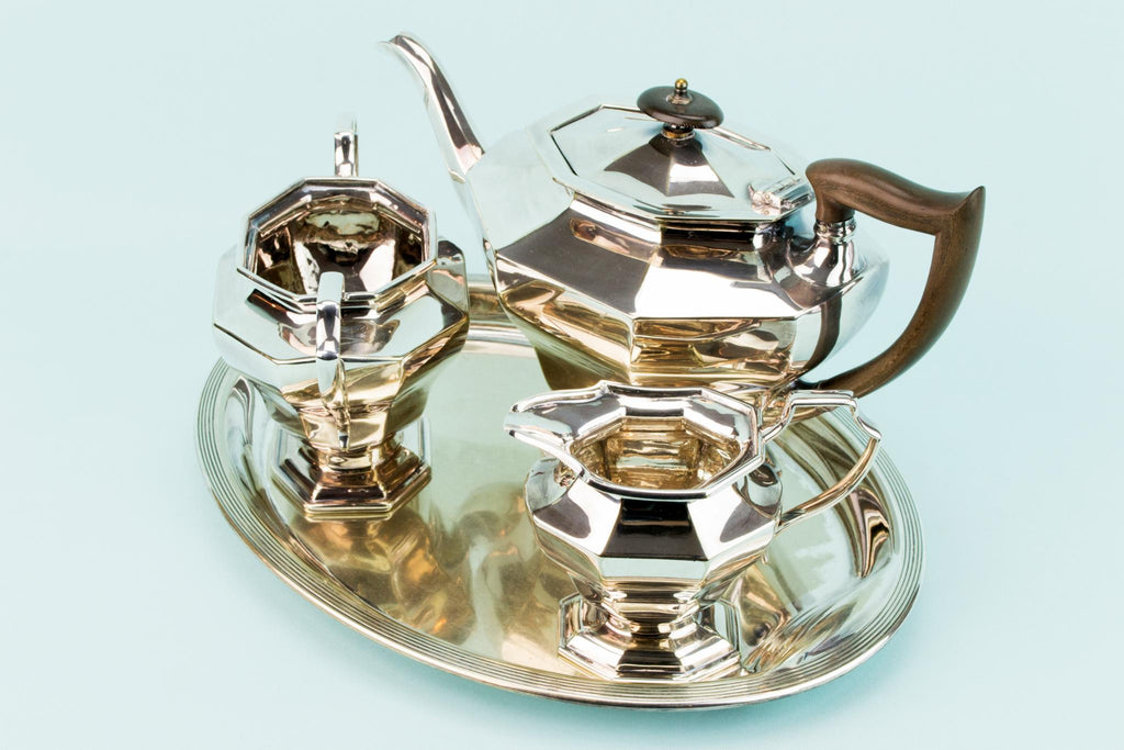 Art Deco Silver Plated Tea Set on Tray, English 1920s