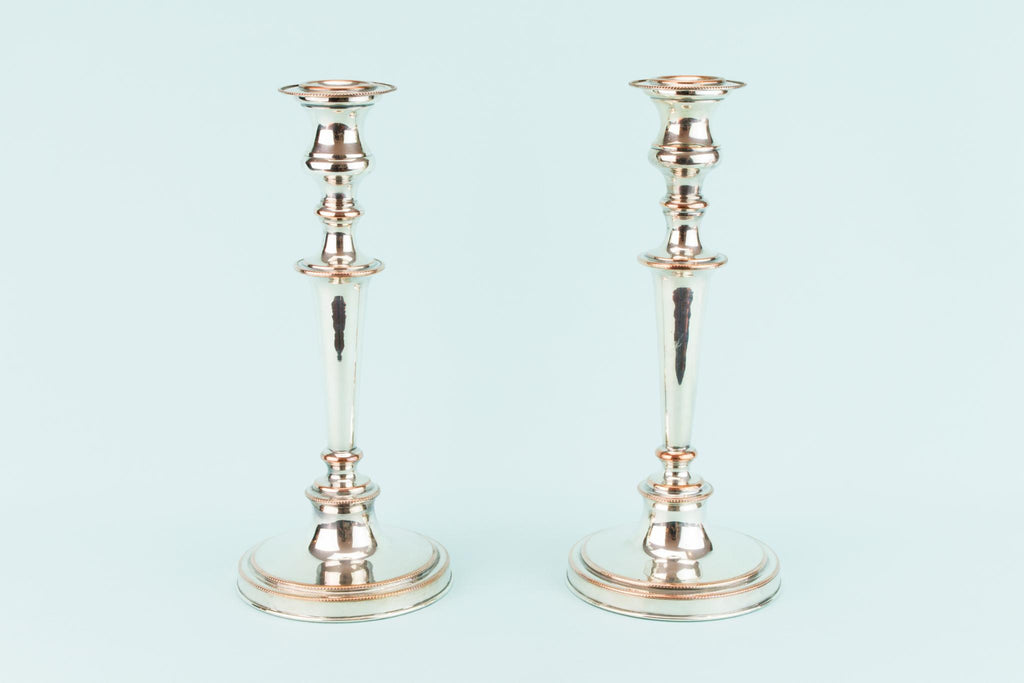 Pair Of Silver Plated Medium Candlesticks, English 1930s