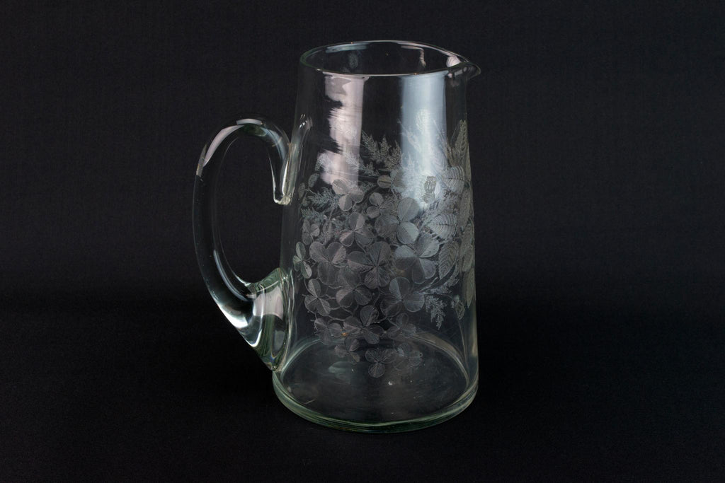 Etched Glass Water Jug, English Early 1900s
