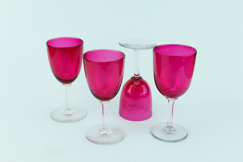 Set Of 4 Cranberry Red Wine Glasses, English 19th Century