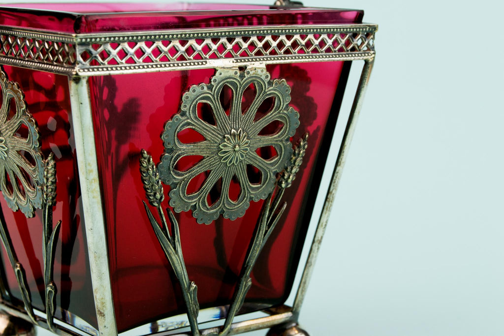 Silver Plated Cranberry Red Glass Bowl, English Circa 1880