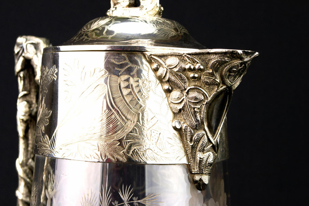 Engraved Glass & Silver Plated Wine Carafe, English Circa 1900