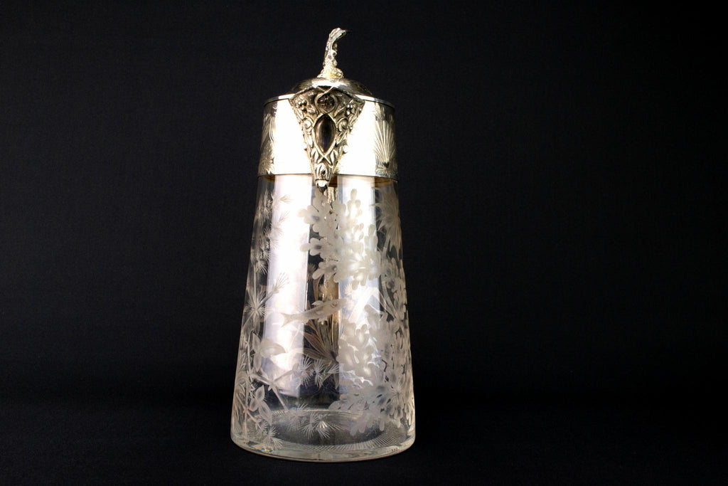 Engraved Glass & Silver Plated Wine Carafe, English Circa 1900