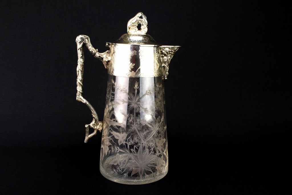 Engraved Glass & Silver Plated Wine Carafe, English Circa 1900