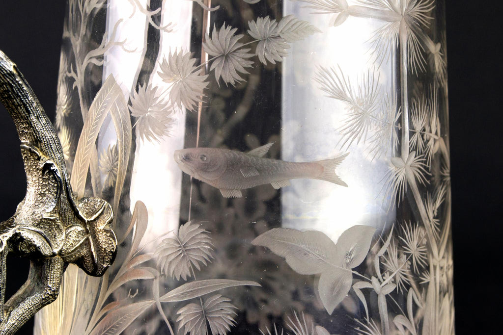Engraved Glass & Silver Plated Wine Carafe, English Circa 1900