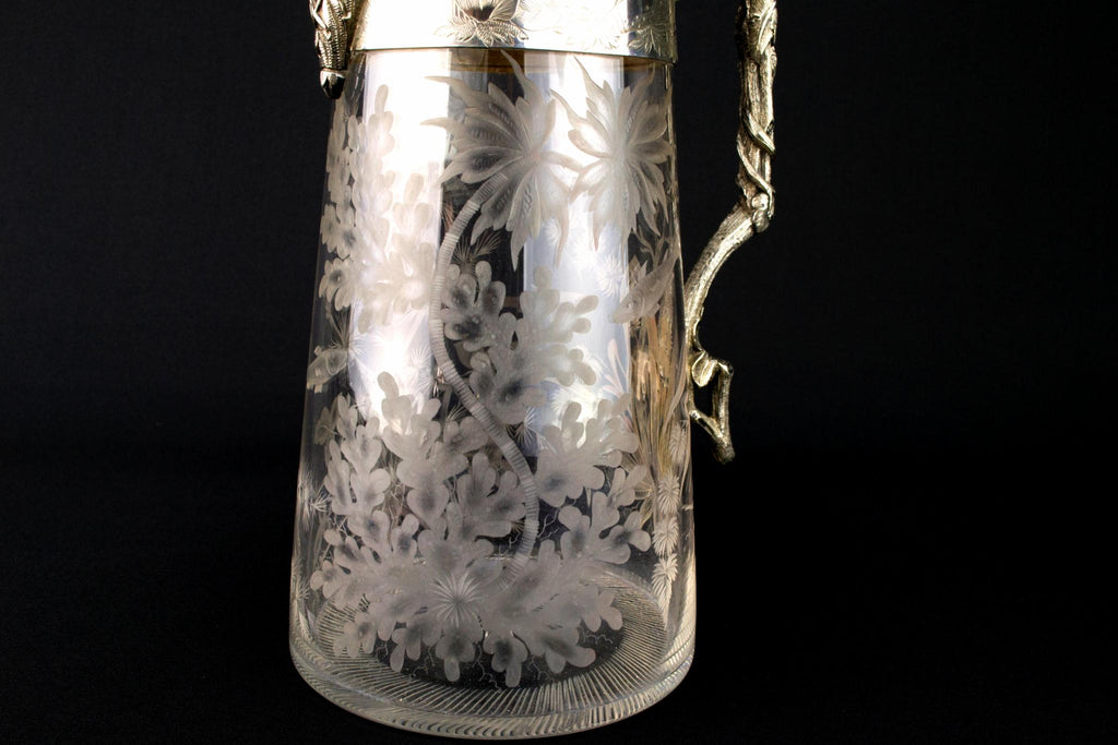 Engraved Glass & Silver Plated Wine Carafe, English Circa 1900