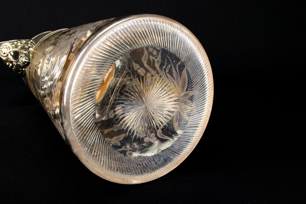 Engraved Glass & Silver Plated Wine Carafe, English Circa 1900