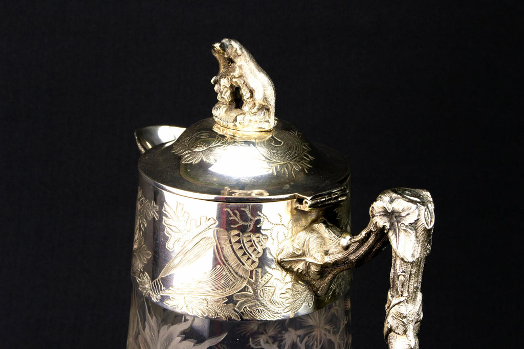 Engraved Glass & Silver Plated Wine Carafe, English Circa 1900