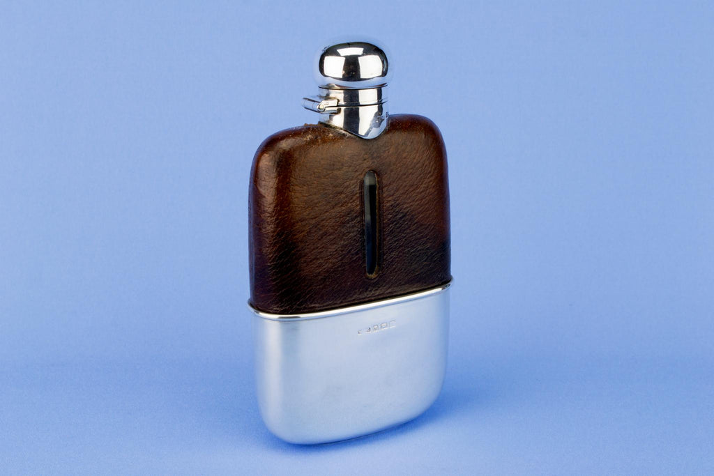 Sterling Silver Leather & Glass Whisky Flask, English 1922