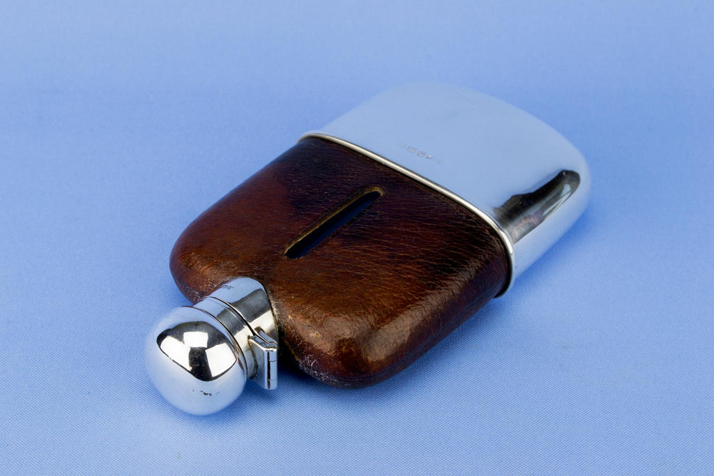 Sterling Silver Leather & Glass Whisky Flask, English 1922