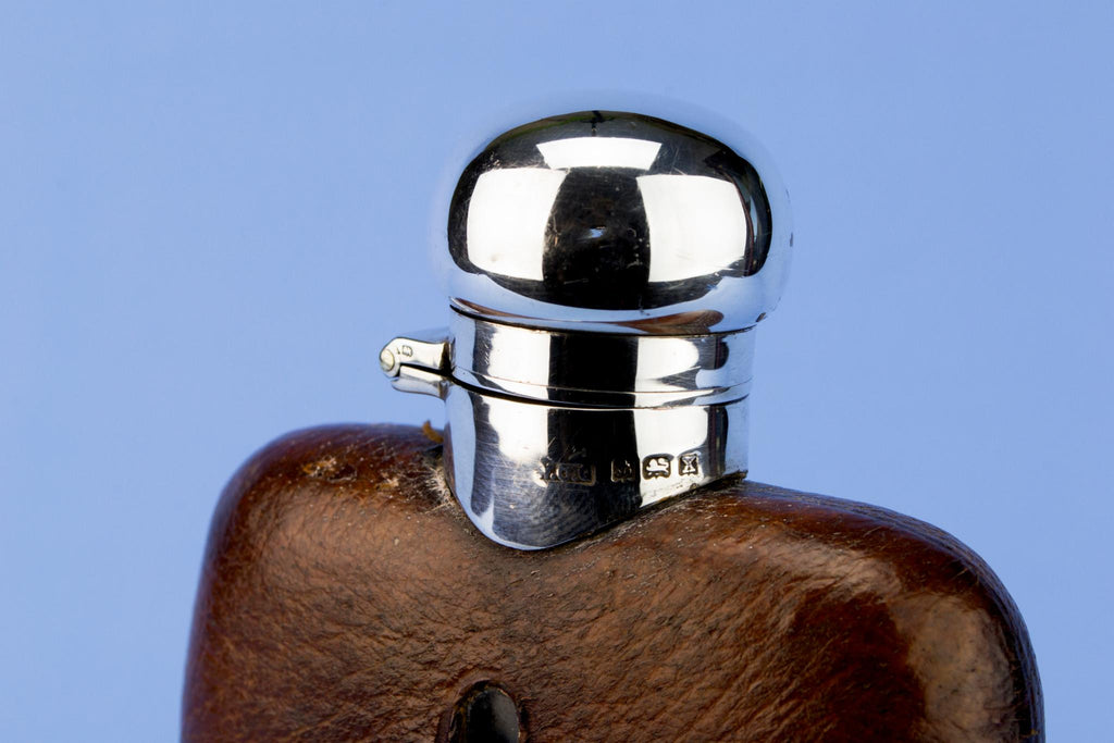 Sterling Silver Leather & Glass Whisky Flask, English 1922