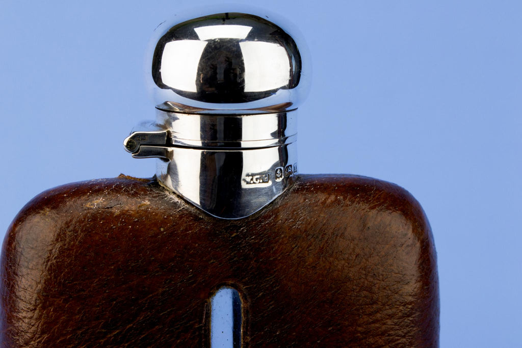 Sterling Silver Leather & Glass Whisky Flask, English 1922