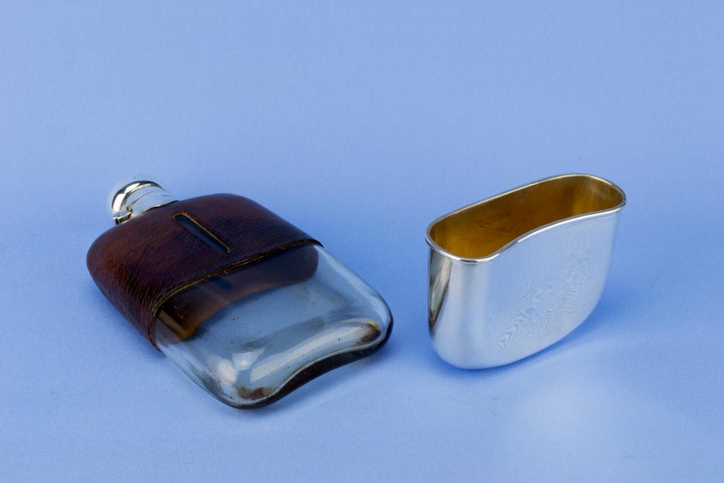 Sterling Silver Leather & Glass Whisky Flask, English 1922