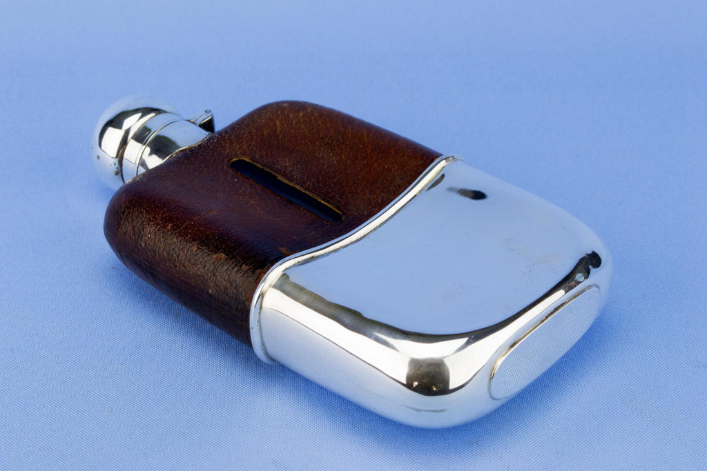 Sterling Silver Leather & Glass Whisky Flask, English 1922