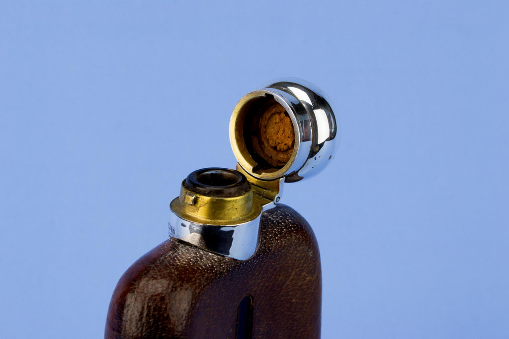 Sterling Silver Leather & Glass Whisky Flask, English 1922