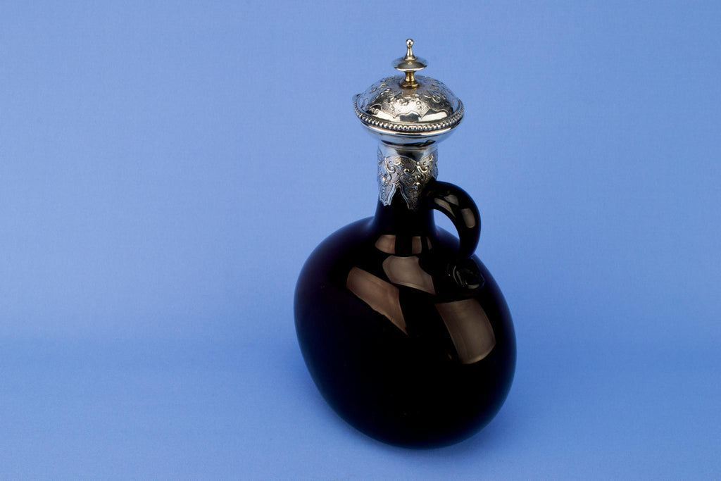 Brown Glass & Sterling Silver Carafe, English 1865