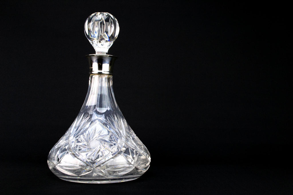 Cut Glass & Sterling Silver Wine Decanter, English 1986
