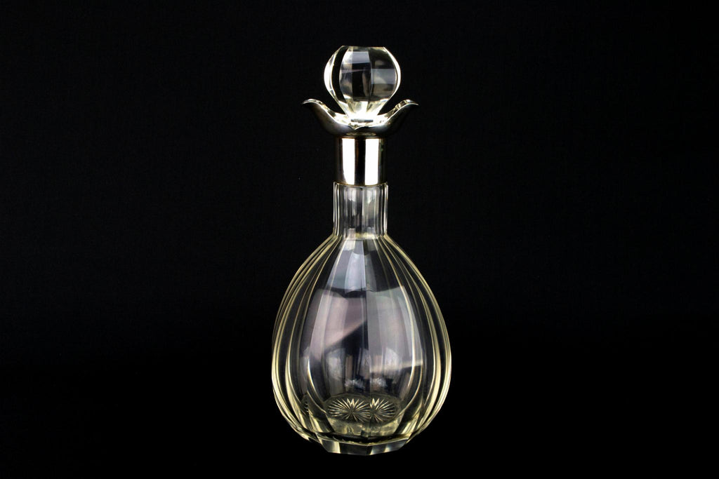 Cut Glass & Sterling Silver Decanter, English Art Deco 1931