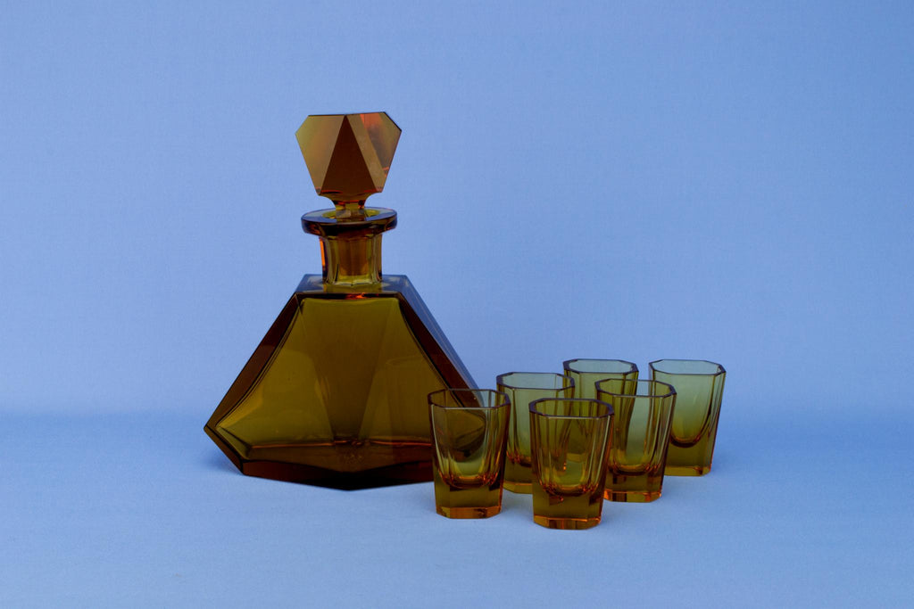 Art Deco Amber Decanter and 6 Glasses Set