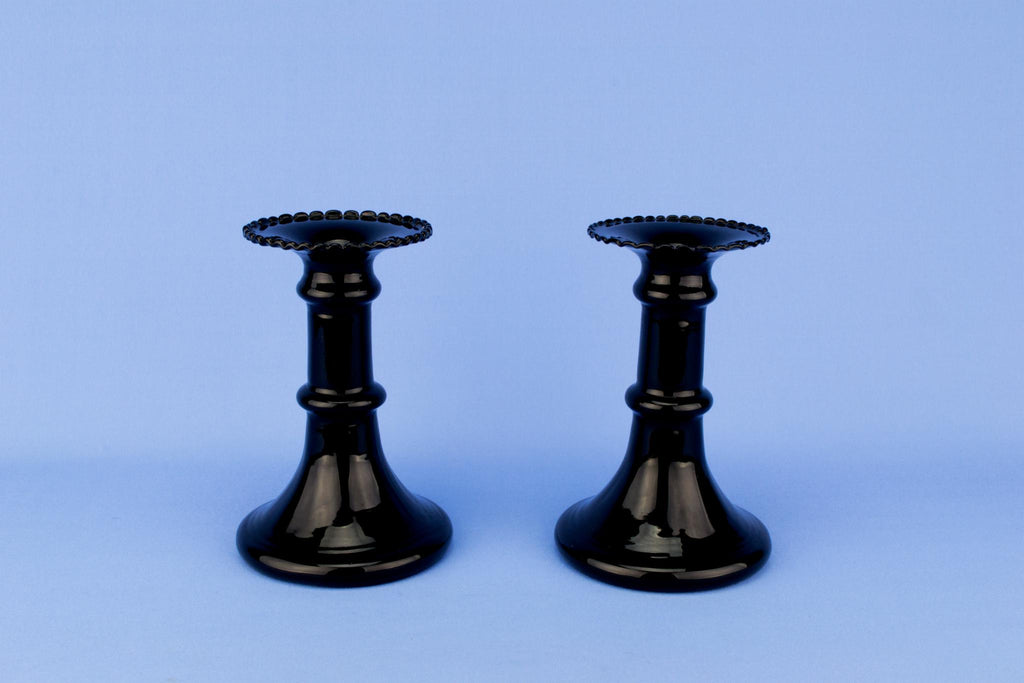 2 Art Deco Black Glass Candlesticks, English 1930s