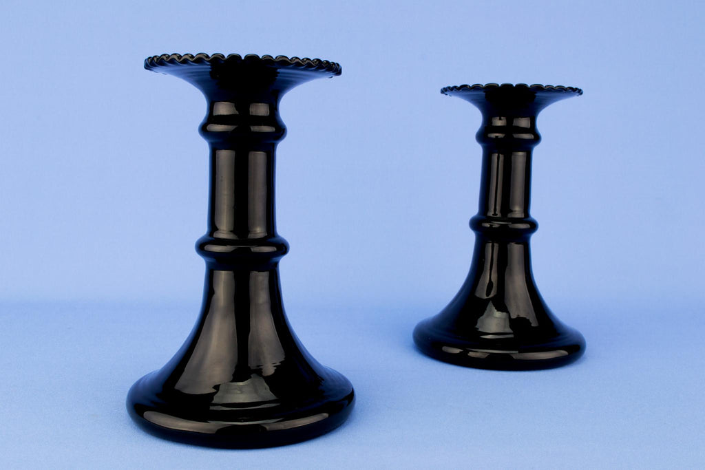 2 Art Deco Black Glass Candlesticks, English 1930s