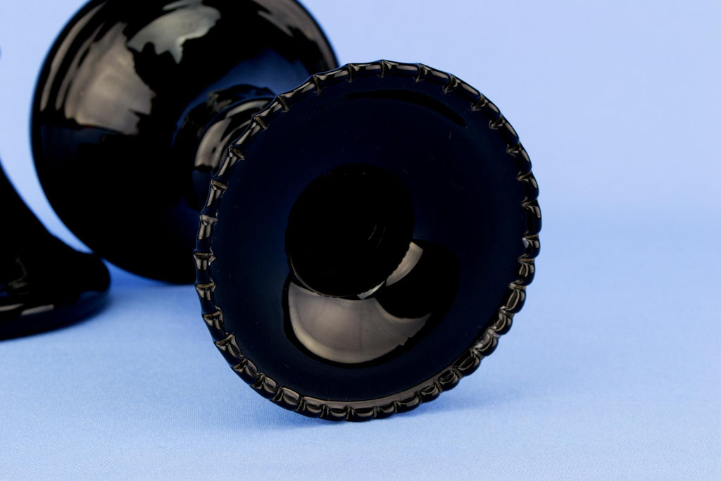 2 Art Deco Black Glass Candlesticks, English 1930s