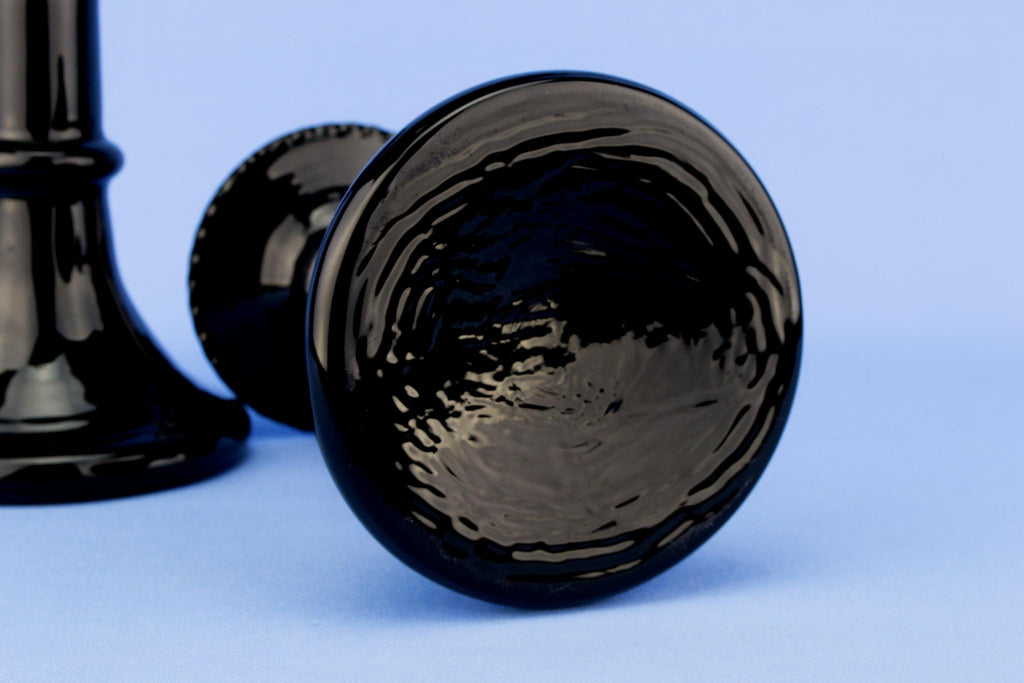 2 Art Deco Black Glass Candlesticks, English 1930s