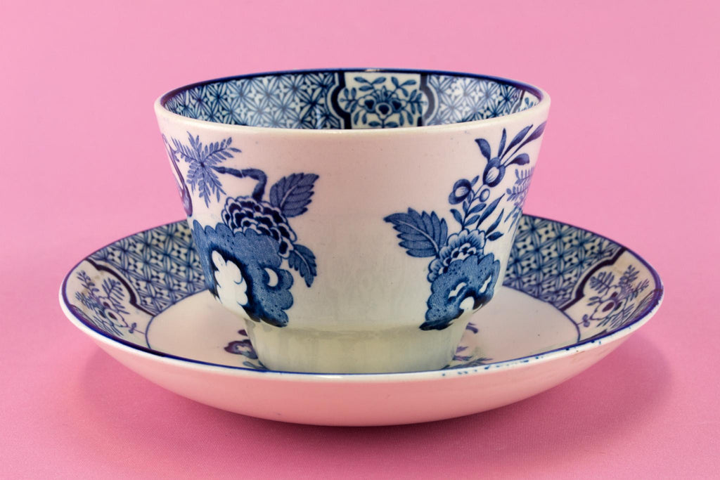 Large Blue & White Yuan Tea Cup and Saucer, English 1910s