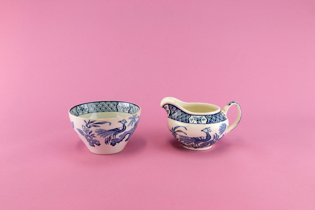 Blue & White Sugar Bowl and Creamer Set, English 1910s