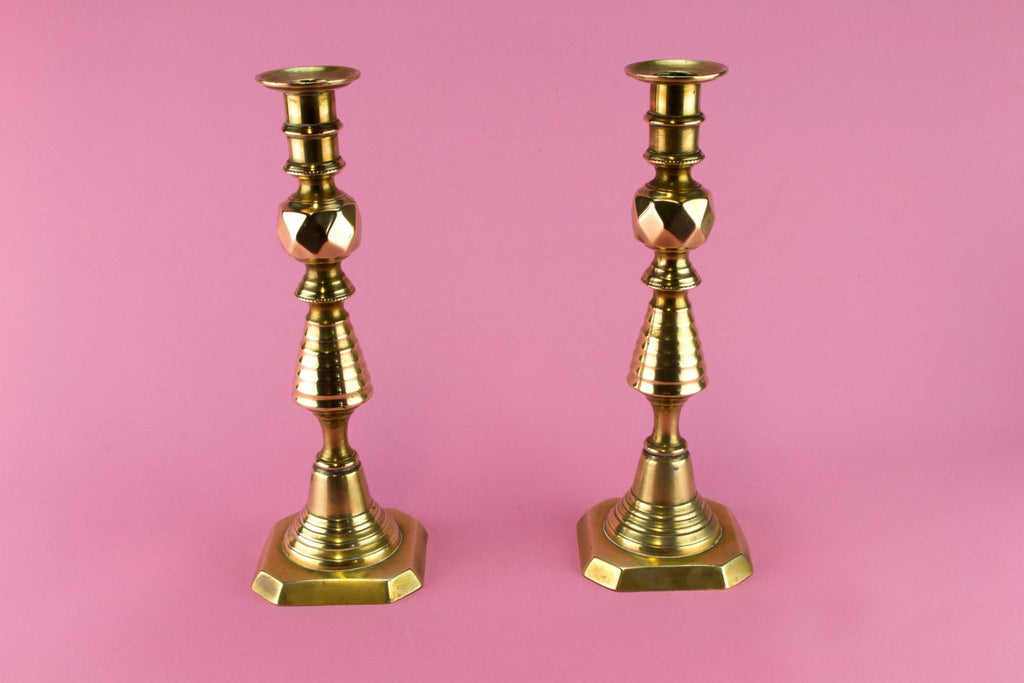 Pair Of Brass Medium Candlesticks, English 19th Century
