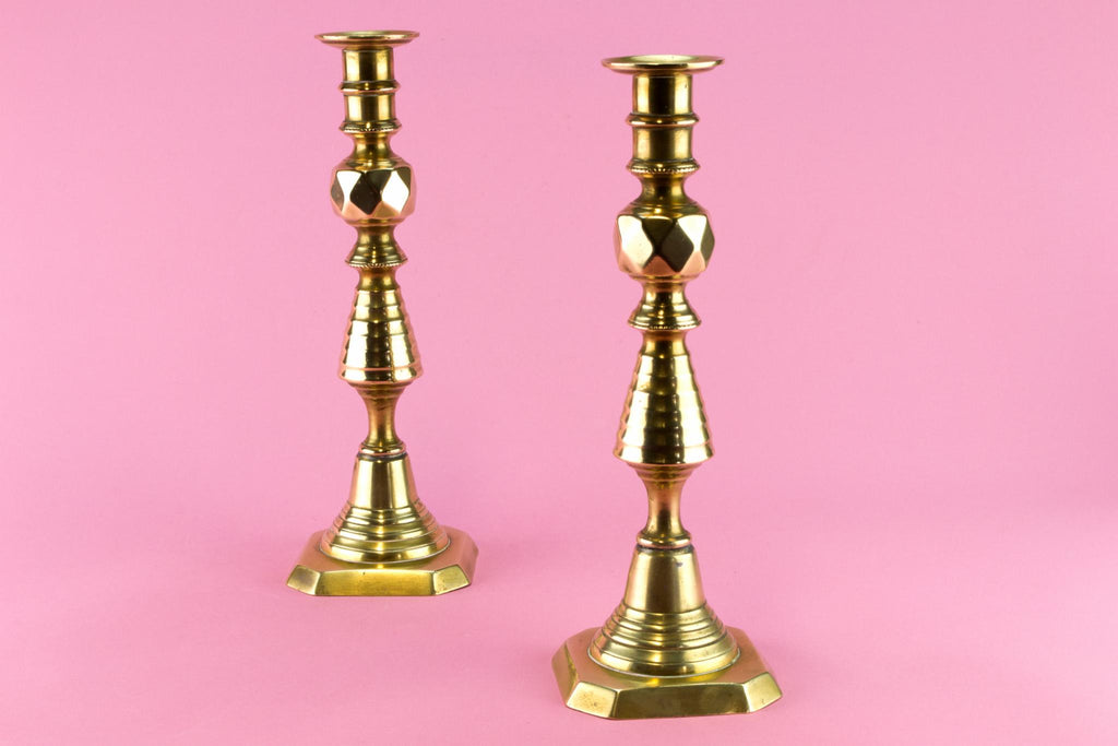 Pair Of Brass Medium Candlesticks, English 19th Century