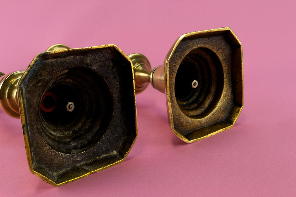Pair Of Brass Medium Candlesticks, English 19th Century