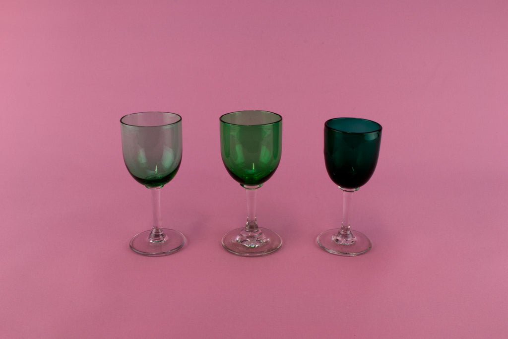 3 Green Port Glasses, English 19th Century