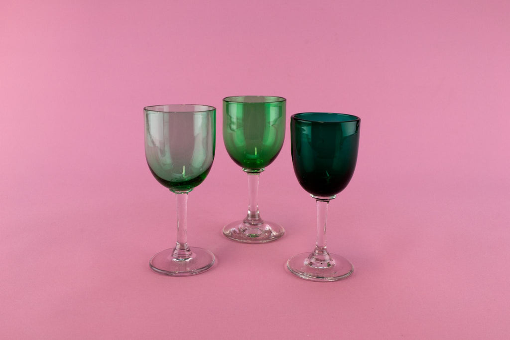 3 Green Port Glasses, English 19th Century
