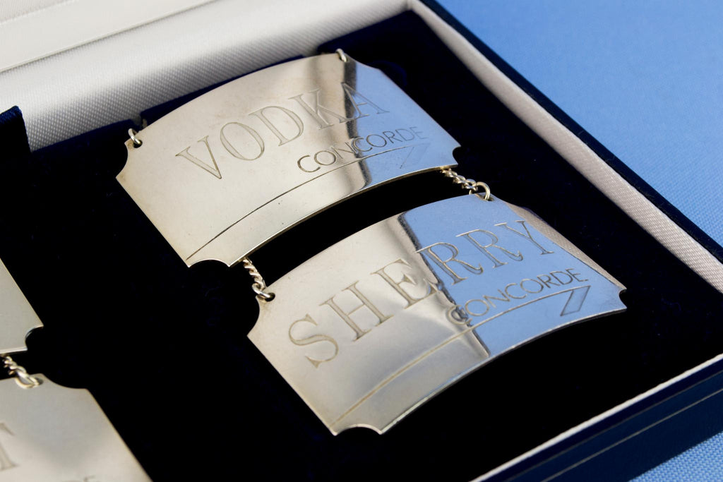 4 Sterling Silver Concorde Decanter Tags, English 1986