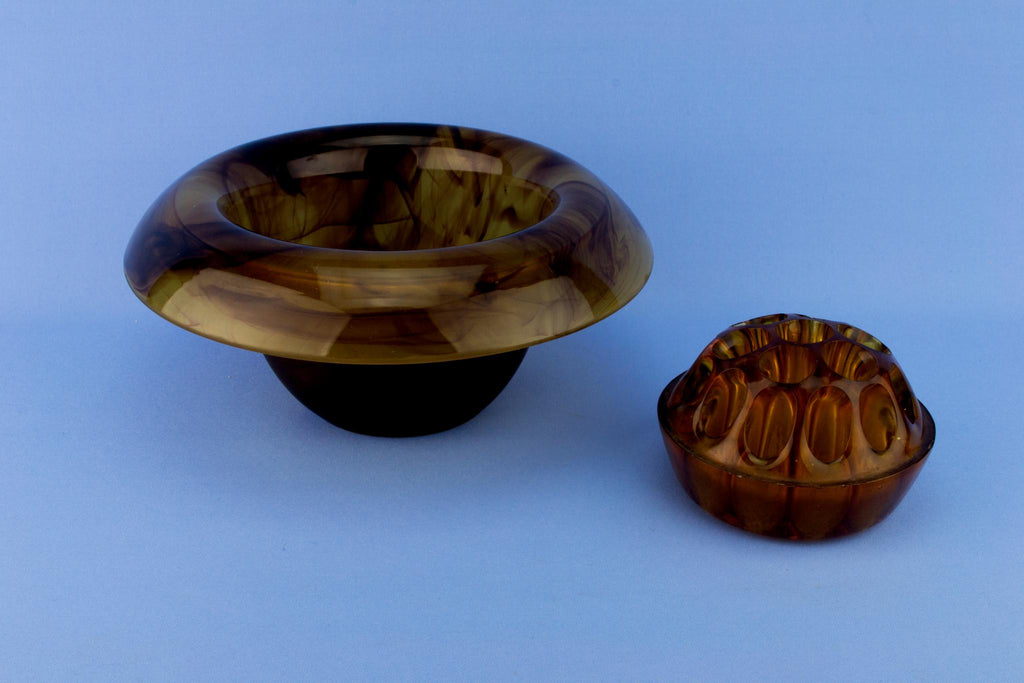 Tortoiseshell Glass Vase & Flower Frog, English Circa 1930