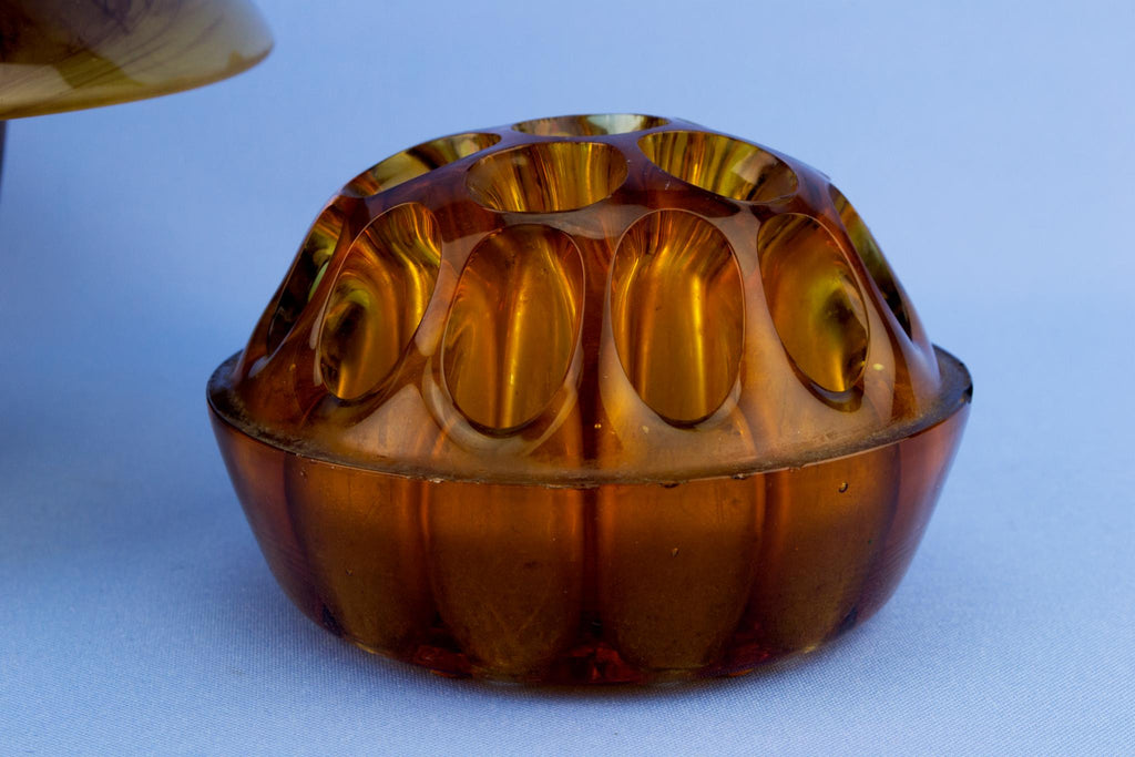 Tortoiseshell Glass Vase & Flower Frog, English Circa 1930