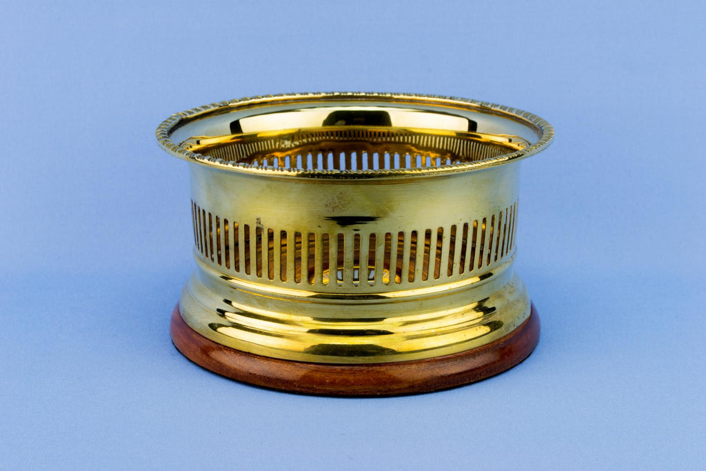 Brass & Wood Wine Bottle Coaster, English 1920s