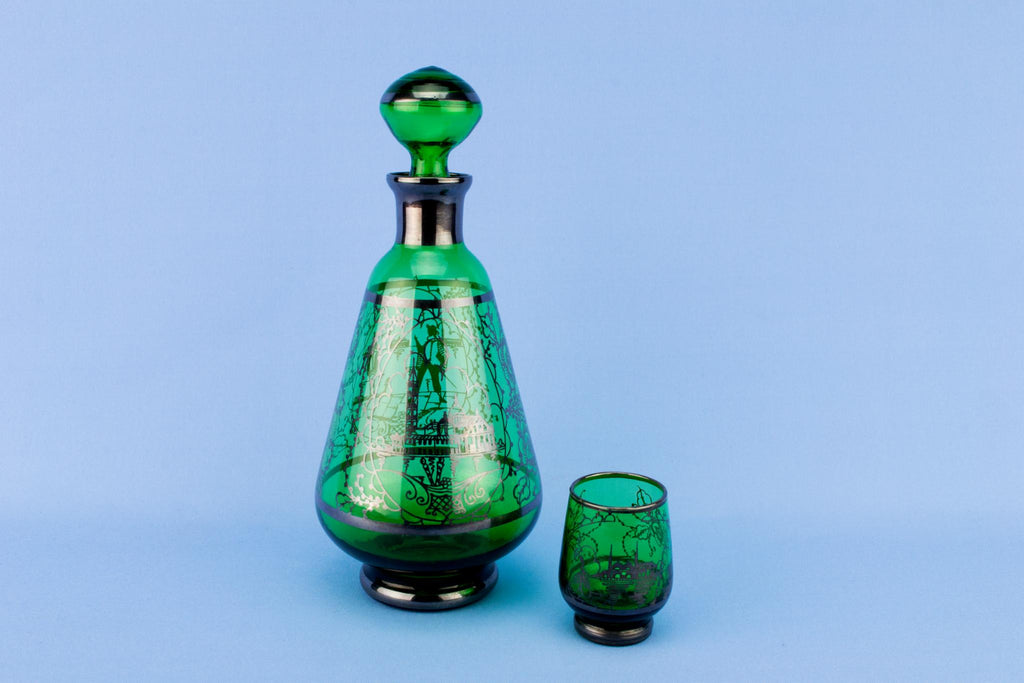Green Glass Decanter & 6 Glasses, Italian 1960s