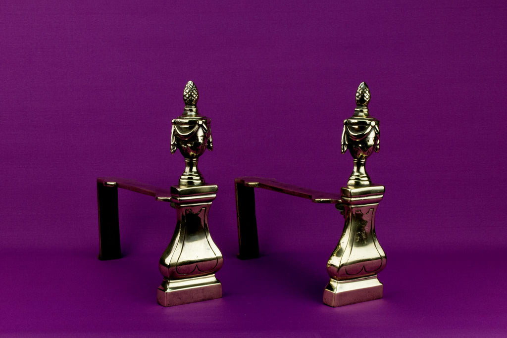 2 Fireplace End Irons in Solid Brass, English 1830s