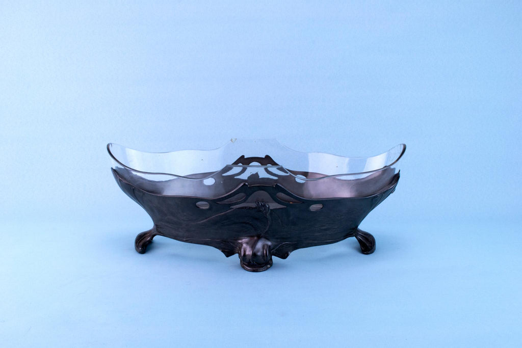 Art Nouveau Pewter & Glass Bowl, German Early 1900s