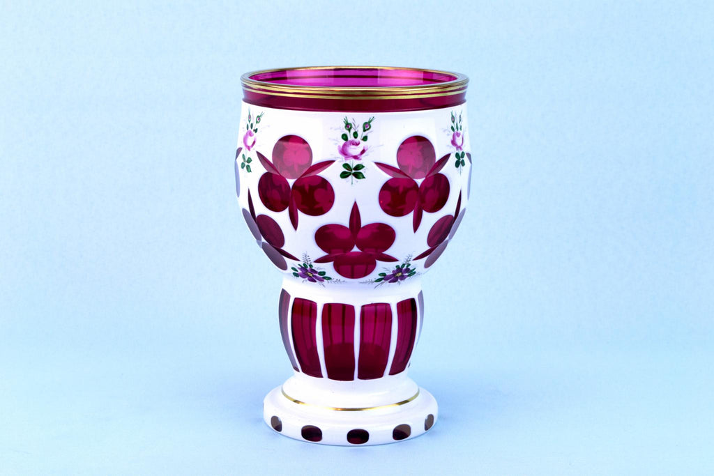 Cranberry & White Overlay Glass Vase, Bohemian Early 1900s